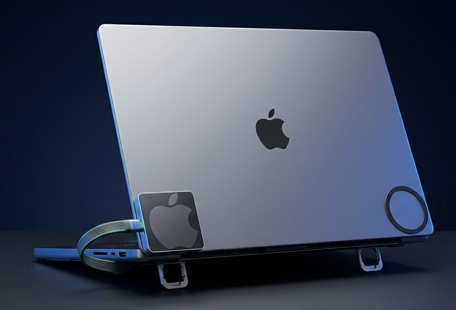 MacBook seen from behind, lid open, with a small magnetically-attached NVMe enclosure on the back of the lid